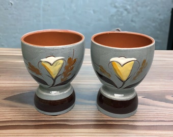 STANGL Pottery Golden Harvest Double Egg Cup Lily Flowers 50s Blue Hand Painted Trenton Pottery, MCM