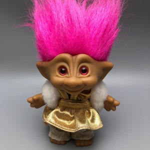 Ace NoveltyTroll~Gold Dress white Fur &quot;Mink Stole&quot; Pink Hair/Eyes & Belly Button Wish Stone