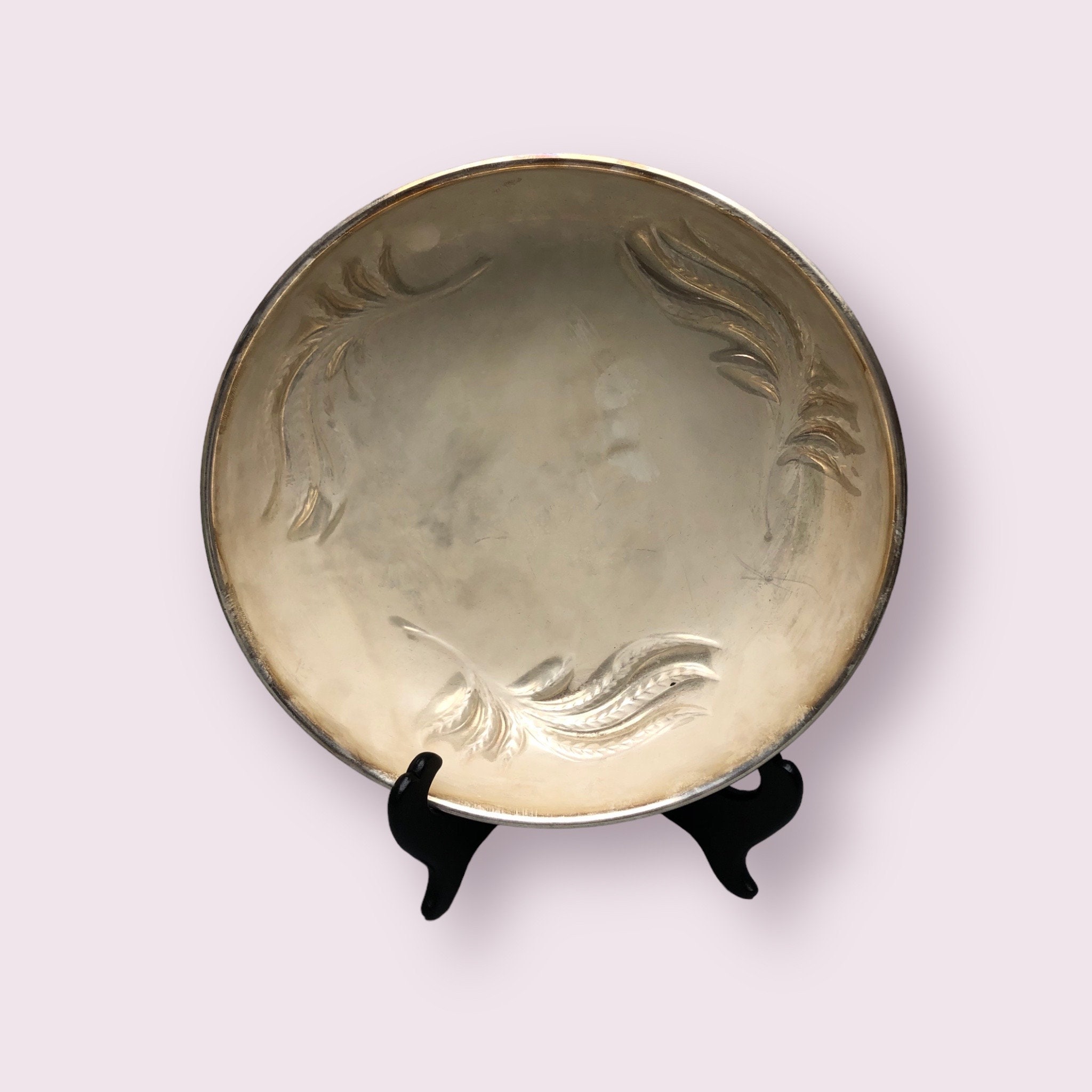 Vintage 9" Silver Plated Bowl made in Italy for Kirk Stieff Embossed Floral Leaf Motif
