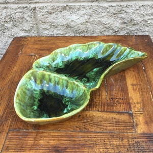 California Pottery Olive Green Marble PlatterChips & Dip Plate Mid-Century