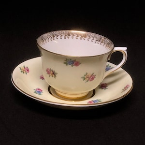 Colclough Bone China Yellow Teacup and Saucer Set Tiny Pink Roses Golden Trim - Longton, England
