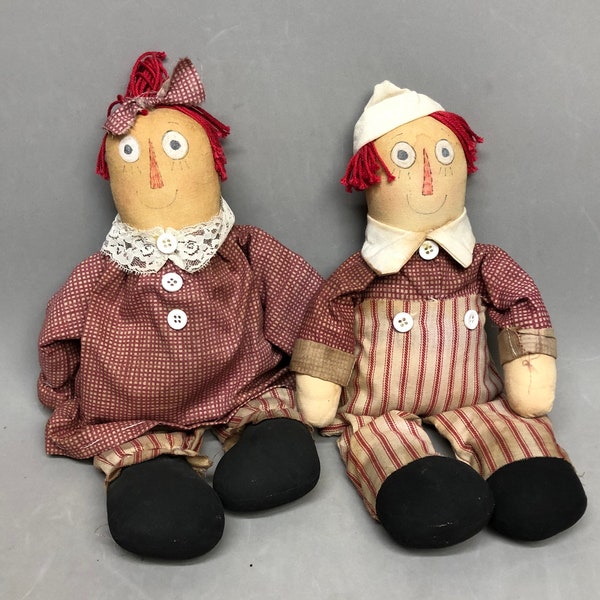 One of a Kind Primitive Folk Art Handmade Raggedy Ann and Andy Cloth Dolls