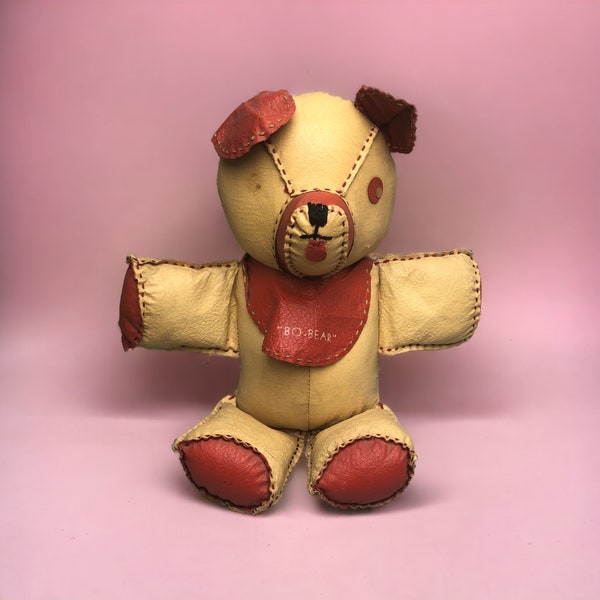 Rare vintage Cuir Teddy Bo-Bear Oreilles rouges, Bavoir et Pattes, Assis 7 »