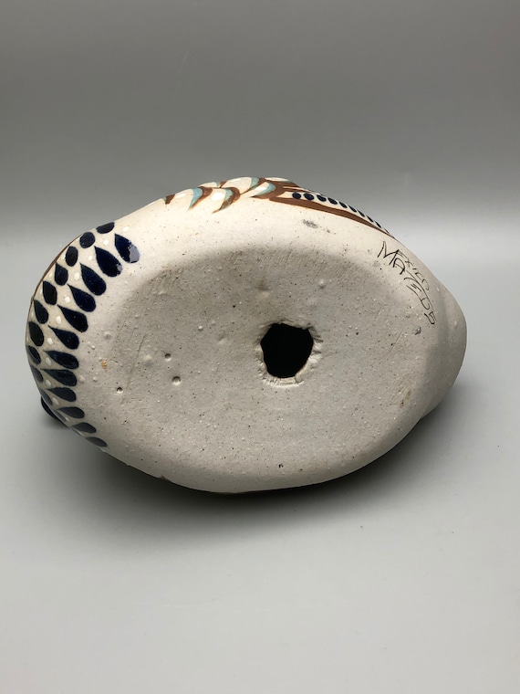 Mexico Tonala Pottery Ceramic Clay Duck With Cobalt Blue White and