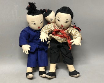 Pair Ada Lum Chinese Cloth 10" Dolls c.1950s Man, Woman with Baby Collectible Dolls