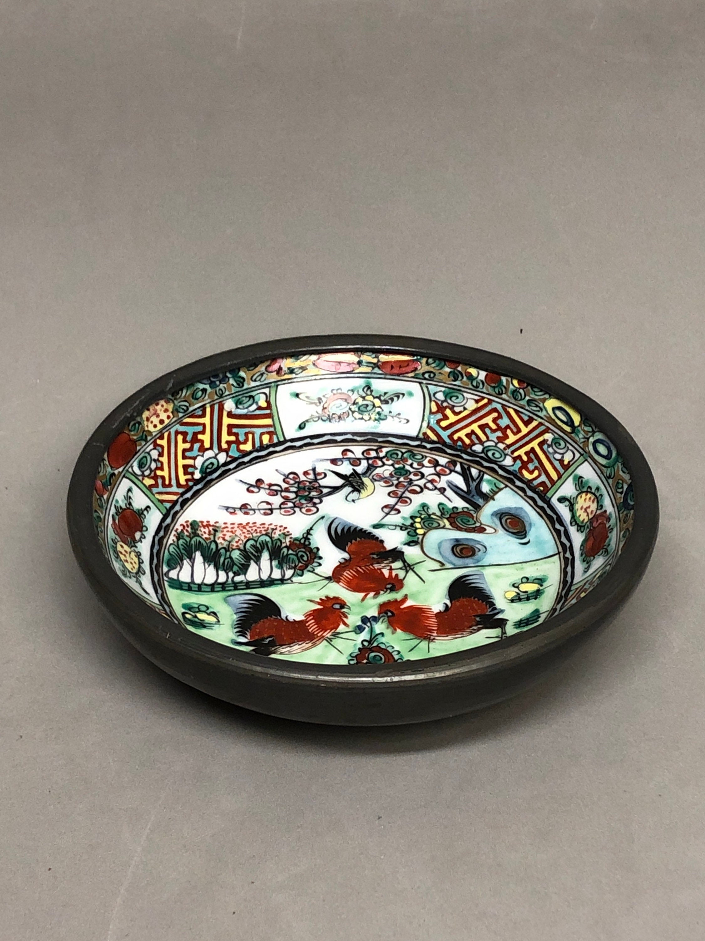 Japanese Porcelain Ware Bowl in Pewter Base 3 Red Roosters Etsy