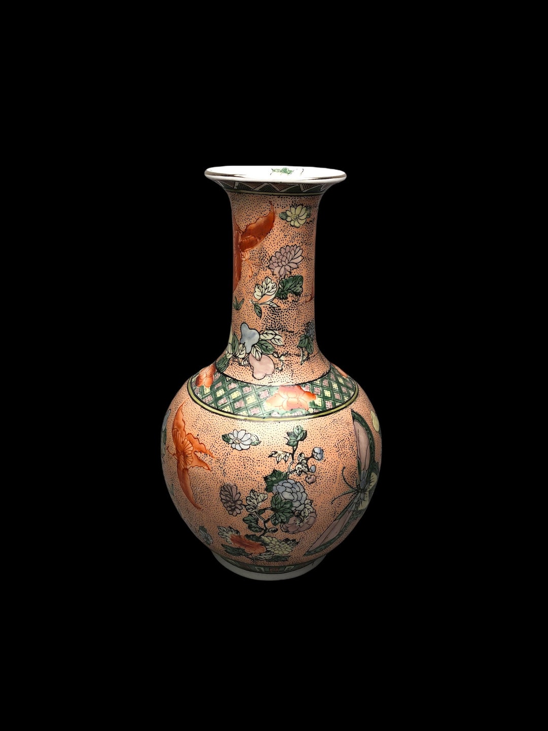 12 Tall Porcelain Macau Chinese Pink Vase With Green and Orange Hand