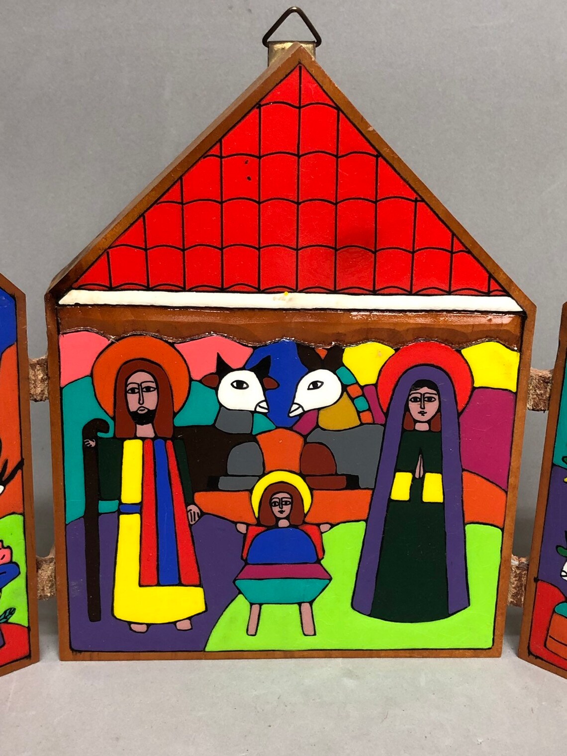 Folk Art Nativity Scene Hand Painted Trifold Colorful Wood Etsy