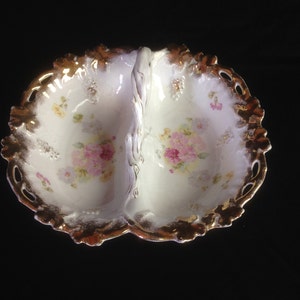 1920s  Antique Royal Saxe ES Germany Double Sided Porcelain Entree Dish- Hand Painted Soft Pink Flowers Gold Trim