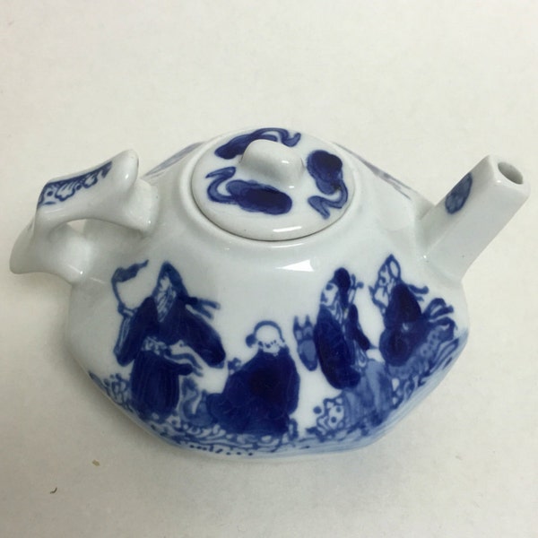 Small Chinese Hand Painted Decorative Porcelain White Blue Teapot