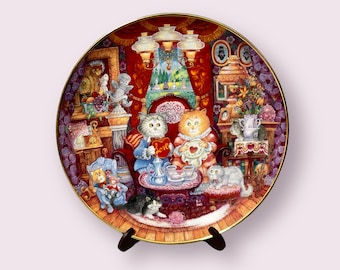 Franklin Mint "Whisker Wuv" Limited 8" Porcelain Plate JB 1597 by Bill Bell Valentine Lovers Cats with Stand, COA and Box