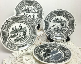 Gien Set of 4 Rebus Puzzle Black and White Dessert Transferware Plate with Original Box