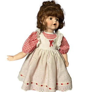16&quot; Porcelain Doll Heritage Collections &quot;Cindy&quot; in Red Checkered Dress and White Apron with Stand