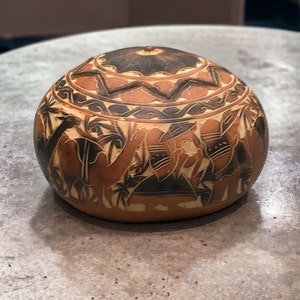 Hand Carved Gourd Art from Peru Bowl with Lid -  Llamas, Men, Women, Palm Trees...
