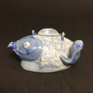 Koi Fish Teapot Asian Porcelain Hand Painted Blue White China Tea Pot Wicker Handle - Good Luck Teapot