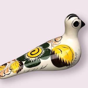 Tonala Pottery Bird Figurine with Yellow Green Floral Motif, Mexican Folk Art Bird, Ceramic Sculpture, Mexico - Signed
