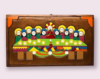 La Palma Folk Art Last Supper Wooden Plaque Jesus and 12 disciples Wall Hanging Hand made in El Salvador Religious decor