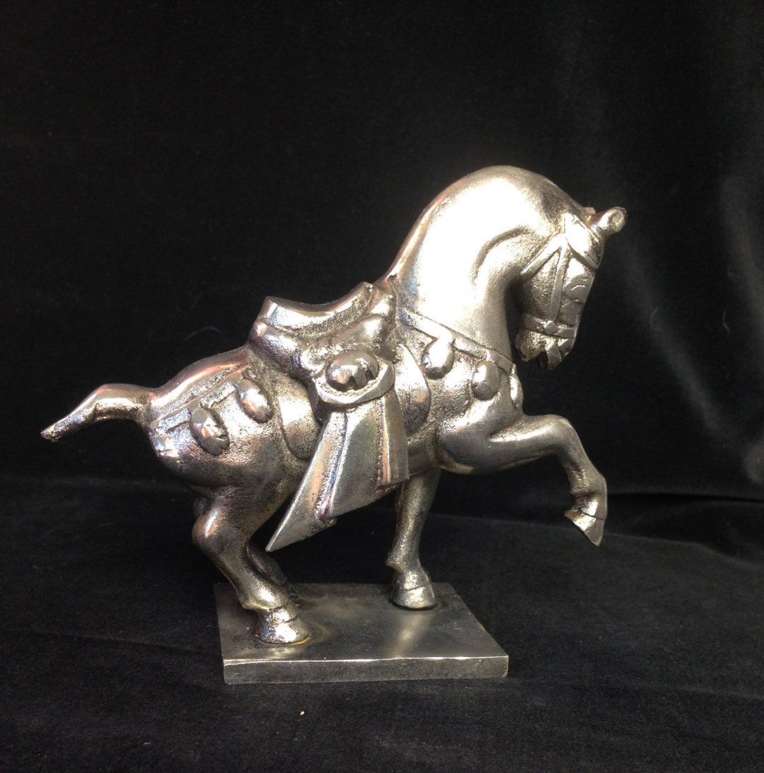 Vintage Pewter Ornate Horse on Pedestal Unique Heavy Statue Etsy