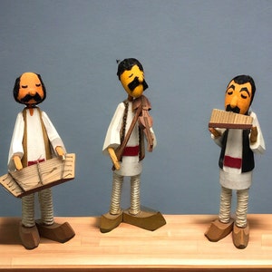 Rare - Set of 3 Greek Wooden Figurines Musicians Hand Made Folk Art Dolls Playing Violin, Lap Harp & Pan Flute