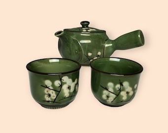 MISO Pottery Asian Japan Green White Cherry Blossoms Side Spout Tea Pot & 2 Cups