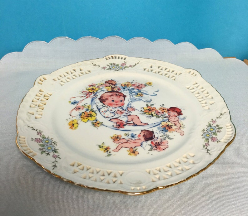 Unique Ceramic Plate With Lattice Rim Baby Boy and Cherubs by - Etsy