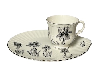 Fine Bone China Black Iris Staffordshire Snack Plate & Tea Cup, England, Hard to find