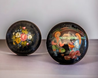 Set of 2 Vintage Round Russian Lacquer Boxes Trinket Jewelry