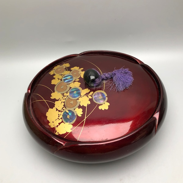 8" Japanese Burgundy Lacquer Box with Lid Gold Accent Abalone Inlay Knob and Tassle.