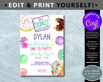 Donut Birthday Party Invitation, Donut Party, Doughnut Party, 5x7 - INSTANT DOWNLOAD! Edit yourself with CORJL