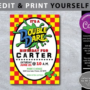 May include: A printable invitation for a Double Dare themed birthday party for Carter. The invitation features a green, blue, and yellow slime graphic with the words "Double Dare" in a blue and white font. The invitation also includes the date, time, and location of the party.