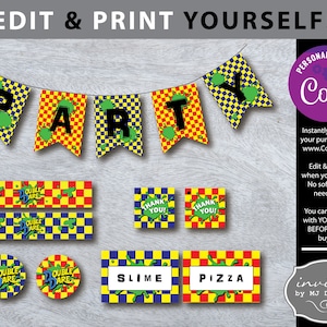 May include: Editable printable party decorations with a slime and pizza theme. The banner says "Party" with green slime splatters on a yellow and blue checkered background. Other elements include thank you tags, round labels, and rectangular labels with the text "Double Dare", "Slime", and "Pizza".