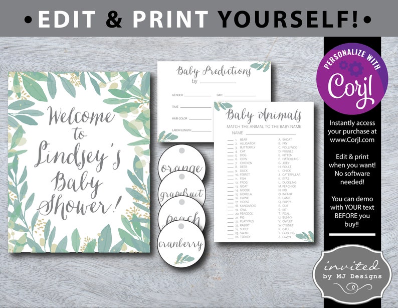 Eucalyptus Baby Shower Party Printables INSTANT DOWNLOAD Edit With ...