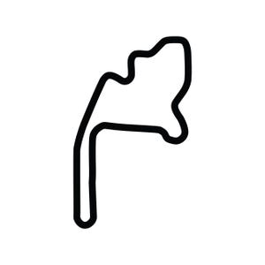 May include: Black outline of a race track circuit on a white background. The track features a series of turns and curves, with a long straight section. The design is simple and graphic, suitable for motorsports enthusiasts.
