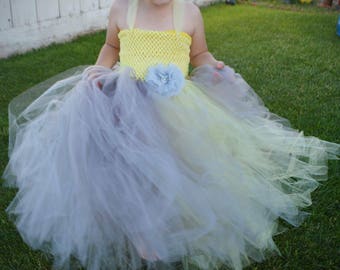 Grey and yellow Tulle dress, flower girl, dress up