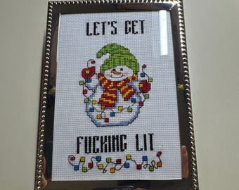 Lets get lit snowman santa christmas completed framed Subversive holiday naughty vulgar cross stitch crossstitch
