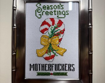 Season’s Greetings santa christmas completed framed Subversive holiday naughty vulgar cross stitch crossstitch