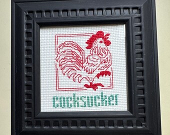Cock rooster completed framed Subversive holiday naughty vulgar cross stitch crossstitch