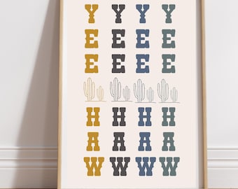 Lámina artística tipográfica Yee Haw: Decoración de dormitorio infantil con temática vaquera y vaquera del oeste (descarga digital)