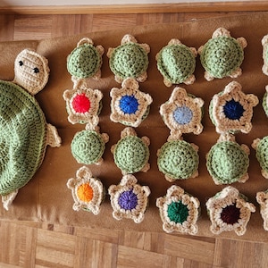 May include: A collection of crocheted turtle toys. The turtles are green with beige shells and colorful centers. There is a larger green turtle in the center of the image.