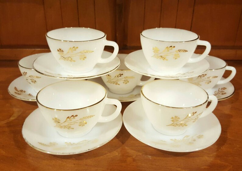 Federal Glass Gold Rim Tea Cup and Saucer Set Golden Wheat Etsy