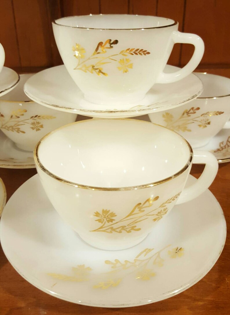 Federal Glass Gold Rim Tea Cup and Saucer Set Golden Wheat Etsy