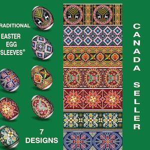 Puede incluir: Siete dise&ntilde;os tradicionales de huevos de Pascua con patrones coloridos. La imagen incluye el texto "Traditional Easter Egg Sleeves" y "7 Designs". El fondo es verde y el texto "Canada Seller" se muestra verticalmente.