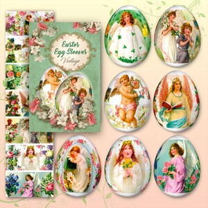 Puede incluir: Fundas de huevos de Pascua vintage con ilustraciones de ángeles. La imagen muestra huevos decorados con figuras de querubines, flores y colores pastel. También se ve una tarjeta con el texto "Easter Egg Sleeves Vintage".