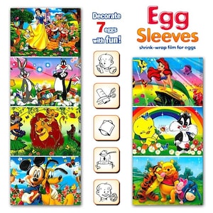 Puede incluir: Fundas para huevos con varios personajes de dibujos animados, incluyendo Blancanieves, Bugs Bunny y Mickey Mouse. El embalaje incluye instrucciones y el texto "¡Decora 7 huevos con diversión!" y "Fundas para huevos film retráctil para huevos."
