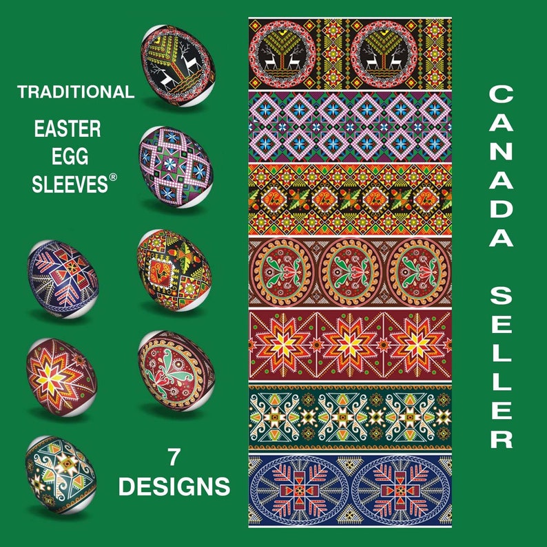 Puede incluir: Siete dise&ntilde;os tradicionales de huevos de Pascua con patrones coloridos. La imagen incluye el texto "Traditional Easter Egg Sleeves" y "7 Designs". El fondo es verde y el texto "Canada Seller" se muestra verticalmente.