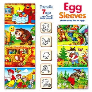 May include: Egg sleeves shrink-wrap film for eggs. The packaging features colourful illustrations of cartoon animals and scenes. Text reads "Decorate 7 eggs with fun!" and "Egg Sleeves". Instructions are also shown.