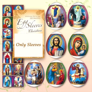 Op de afbeelding: Eierhoezen met christelijke religieuze afbeeldingen. De afbeelding toont verschillende versierde eierhoezen met afbeeldingen van Jezus, Maria en andere religieuze figuren. De tekst op de verpakking luidt "Egg Sleeves Christian" en "Only Sleeves".