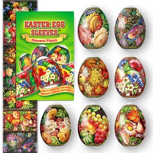 Può includere: Una collezione di manicotti per uova di Pasqua con disegni floreali. La confezione presenta il testo "Easter Egg Sleeves" e "Flowers/Fleurs". Le uova sono decorate con fiori e frutta colorati, per Pasqua.