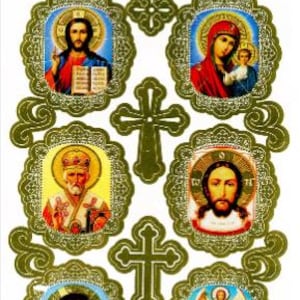 May include: A sheet of gold-coloured stickers for decorating eggs, featuring religious icons. The stickers depict Jesus, Mary and baby Jesus, and other religious figures. The text at the top reads "Icon Golden Stickers for Eggs". The bottom text reads "Very Shiny Gold Stickers".