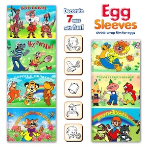 Peut inclure: Film thermorétractable pour œufs avec des personnages de dessins animés colorés. L'emballage comprend des instructions et des illustrations pour décorer les œufs. Le design comprend le texte "Egg Sleeves" et "Decorate 7 eggs with fun!"